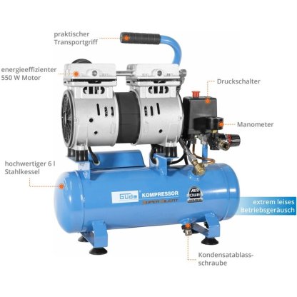 Bezolejový kompresor silent, 550 W, 6 l, Güde AIRPOWER 105/8/6
