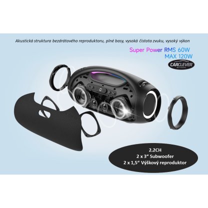 CARCLEVER bezdrátový Bluetooth reproduktor, voděodolný IPX6, USB, AUX, MIC, RGB