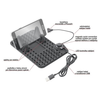 Držák telefonu s podložkou a kabelem micro USB/Apple, 06259