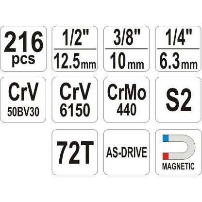 Gola sada s klíči 1/2", 1/4" a 3/8", 216 ks - YT-38841