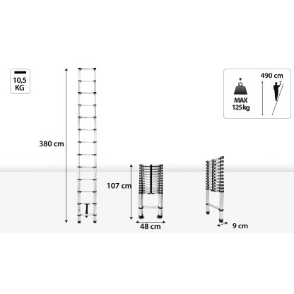 Hliníkový teleskopický žebřík, 13 stupňů, 3,8 m, max. zátěž 125 kg