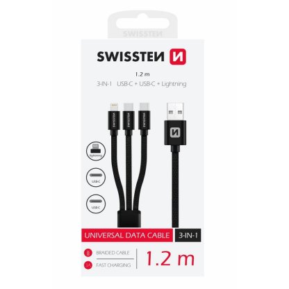 Kabel textile 3v1 2x USB-C, 1x Lightning, 1,2 m, SWISSTEN černý, 48154