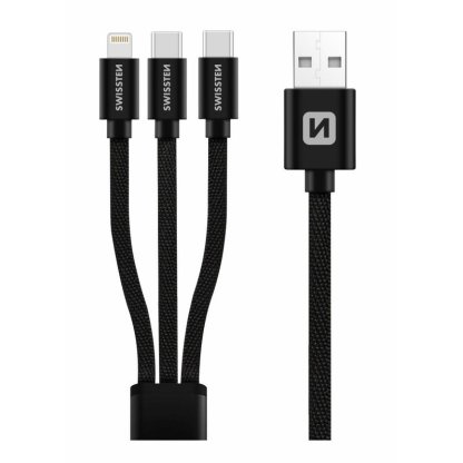 Kabel textile 3v1 2x USB-C, 1x Lightning, 1,2 m, SWISSTEN černý, 48154