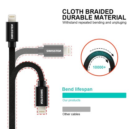 Kabel textile USB/Lightning SWISSTEN, černý, 45563