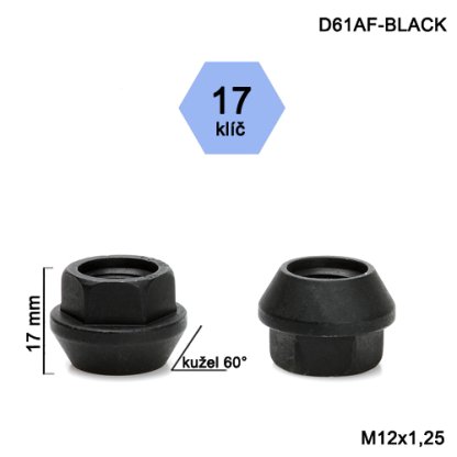 Kolová matice M12x1,25 kužel otevřená, černá, klíč 17 (D61AF-BLACK) výška 17mm
