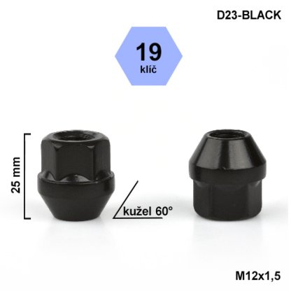 Kolová matice M12x1,25 kužel otevřená, klíč 19 (D23-BLACK) výška 25mm