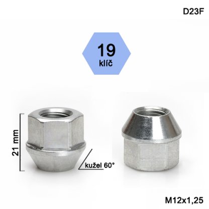 Kolová matice M12x1,25 kužel otevřená, klíč 19 (D23F) výška 21mm