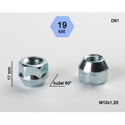 Kolová matice M12x1,25 kužel otevřená, klíč 19 (D61) výška 17mm