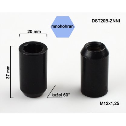 Kolová matice M12x1,25 kužel s vnitřním mnohohranem (DST20B-BLACK) výška 37mm, hlava 20mm