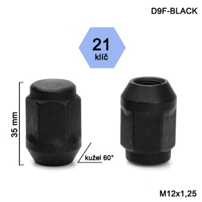 Kolová matice M12x1,25 kužel zavřená,černá, klíč 21 (D9F-BLACK)(R1D14/S BLK) ) výška 35mm