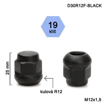 Kolová matice M12x1,5 kulová R12 zavřená, černá, klíč 19 (D30R12F-BLACK) výška 25mm