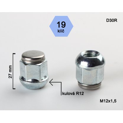 Kolová matice M12x1,5 kulová R12 zavřená nerez víčko, klíč 19 (D30R12) výška 27mm