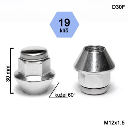 Kolová matice M12x1,5 kužel nerez víčko, klíč 19, (D30-FORD) výška 30mm