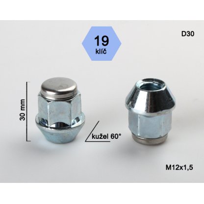 Kolová matice M12x1,5 kužel nerez víčko, klíč 19 (D30) výška 30mm