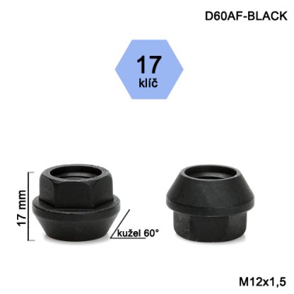 Kolová matice M12x1,5 kužel otevřená, černá, klíč 17 (D60AF-BLACK)(DE31/S BLK) výška 17mm