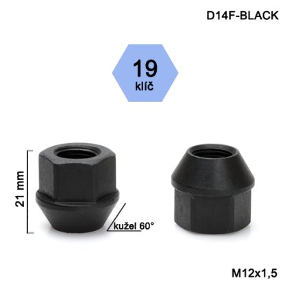 Kolová matice M12x1,5 kužel otevřená, černá, klíč 19 (D14F-BLACK)(D37S/BLK) výška 21mm