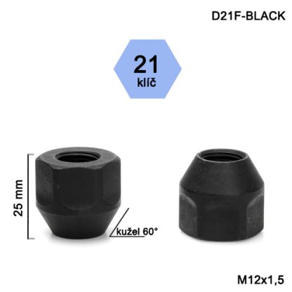 Kolová matice M12x1,5 kužel otevřená, černá, klíč 21 (D21F-BLACK) výška 25mm