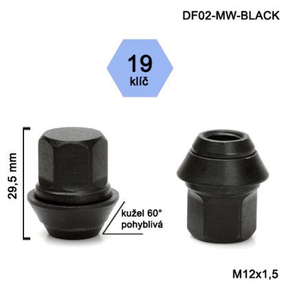 Kolová matice M12x1,5 kužel pohyblivá, černá, Ford, klíč 19 (DF02-MW-BLACK) výška 29,5mm