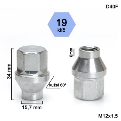 Kolová matice M12x1,5 kužel s krčkem 15,7, klíč 19 (D40F)(TL1/S) výška 34mm délka krčku 6