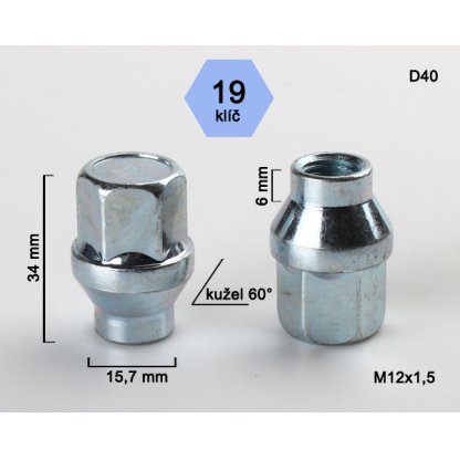 Kolová matice M12x1,5 kužel s krčkem 15,7 zavřená, klíč 19 (D40) výška 34mm, délka krčku 6