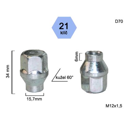 Kolová matice M12x1,5 kužel s krčkem 15,7 zavřená, klíč 21 (D70) výška 34mm, délka krčku 6