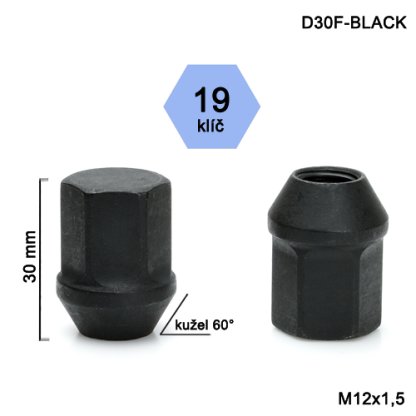 Kolová matice M12x1,5 kužel zavřená, černá, klíč 19 (D30F-BLACK)(HAD1/S BLK) výška 30mm