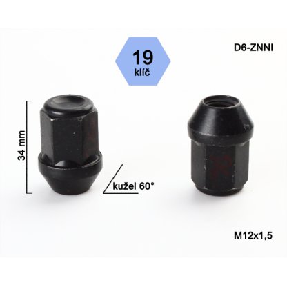 Kolová matice M12x1,5 kužel zavřená černá, klíč 19 (D6-BLACK)(HD2/S BLK) výška 34mm