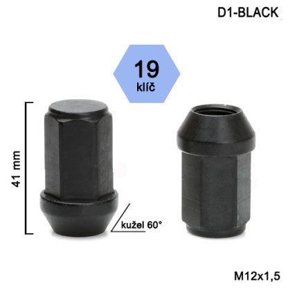 Kolová matice M12x1,5 kužel zavřená prodloužená, klíč 19 (D1-BLACK)(DE46/S BLK) výška 41mm