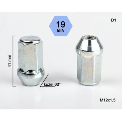 Kolová matice M12x1,5 kužel zavřená prodloužená, klíč 19 (D1)(DE46/S) výška 41mm