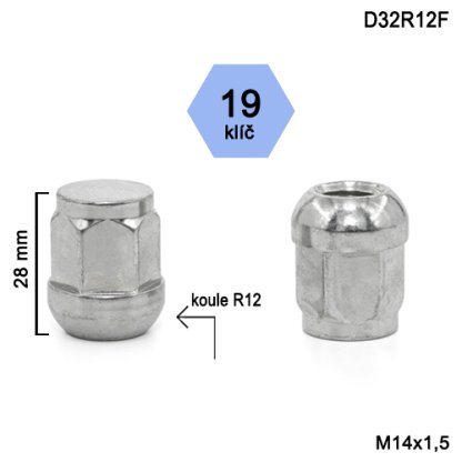 Kolová matice M14x1,5 kulová R12 zavřená, klíč 19 (D32R12F)(AC3/S) výška 28 mm