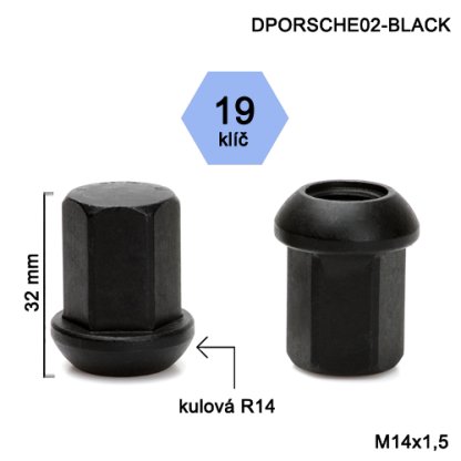 Kolová matice M14x1,5 kulová R14 zavřená,černá, klíč 19 (DPORSCHE02-BLACK) výška 32mm