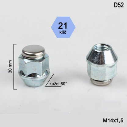 Kolová matice M14x1,5 kužel nerez víčko, klíč 21 (D52) výška 30mm