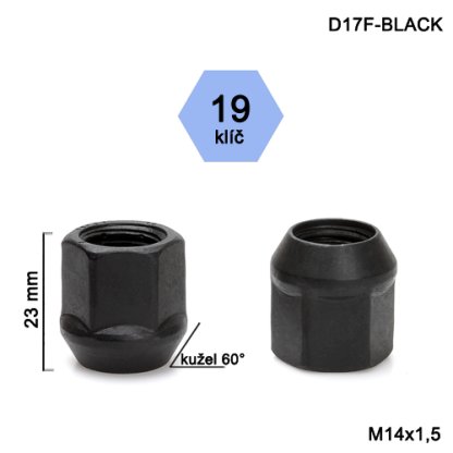 Kolová matice M14x1,5 kužel otevřená, černá, klíč 19 (D17F-BLACK) výška 23mm