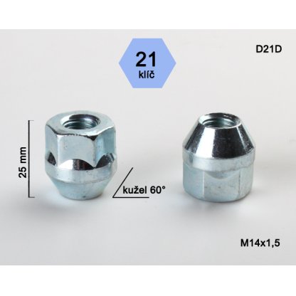 Kolová matice M14x1,5 kužel otevřená, klíč 21 (D21D) výška 25mm