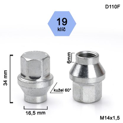 Kolová matice M14x1,5 kužel s krčkem 16,5 zavřená, klíč 19 (D110F) výška 34, délka krčku 6