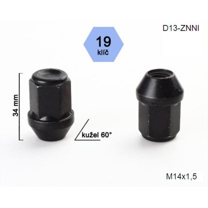 Kolová matice M14x1,5 kužel zavřená černá, klíč 19 (D13-BLACK)(AD/S BLK) výška 34mm