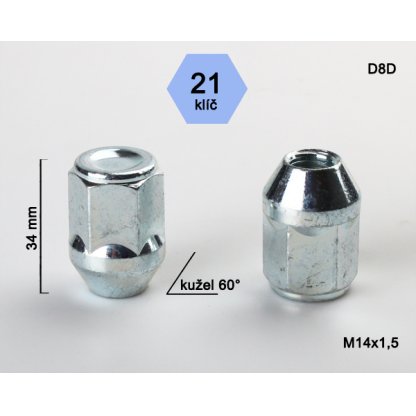 Kolová matice M14x1,5 kužel zavřená, klíč 21 (D8D) výška 34mm