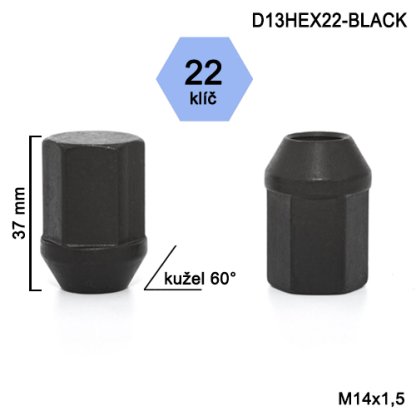 Kolová matice M14x1,5 kužel zavřená, klíč 22 (D13HEX22-BLACK)(DE50/S BLK) černá,výška 37mm