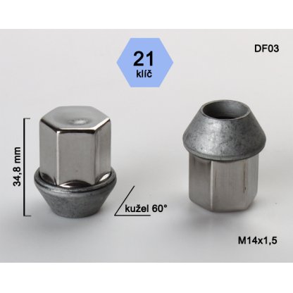 Kolová matice M14x1,5 kužel zavřená, nerez krytka, Ford, klíč 21 (DF03) výška 34,8mm