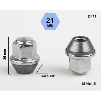 Kolová matice M14x1,5 kužel zavřená nerez krytka, Ford, klíč 21 (DF11)(DEF3/S) výška 36mm