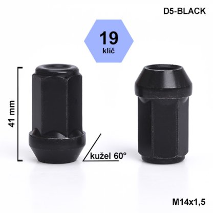 Kolová matice M14x1,5 kužel zavřená prodloužená, klíč 19 (D5-BLACK) výška 41mm