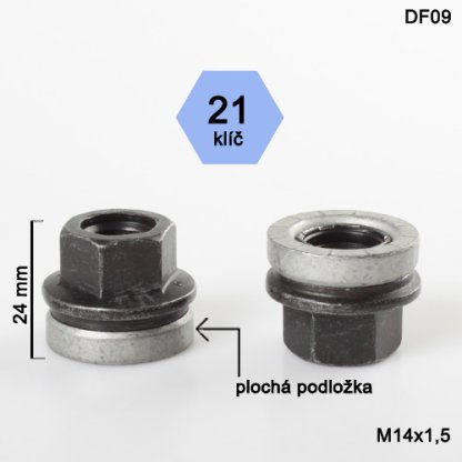 Kolová matice M14x1,5 s plochou podložkou otevřená, Ford, klíč 21 (DF09) výška 24mm