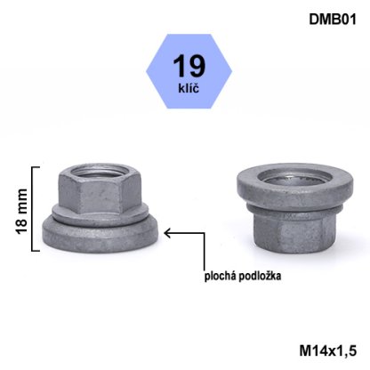 Kolová matice M14x1,5 s plochou podložkou otevřená, klíč 19 (DMB01) výška 18mm