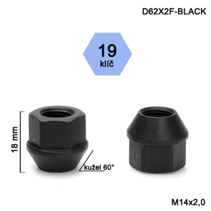 Kolová matice M14x2,0 kužel otevřená, černá, klíč 19 (D62X2F-BLACK) výška 18mm