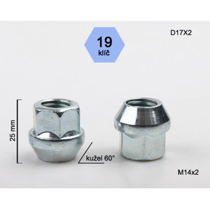 Kolová matice M14x2,0 kužel otevřená, klíč 19 (D17X2) výška 25mm