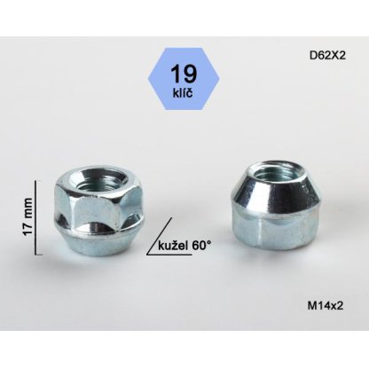 Kolová matice M14x2,0 kužel otevřená, klíč 19 (D62X2) výška 17mm