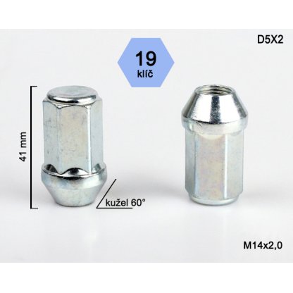 Kolová matice M14x2,0 kužel zavřená, klíč 19 (D5X2) výška 41mm