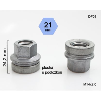 Kolová matice M14x2,0 s plochou podložkou otevřená, Ford, klíč 21 (DF08) výška 24mm