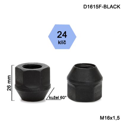 Kolová matice M16x1,5 kužel, otevřená, černá, klíč 24 (D1615F-BLACK) výška 26mm