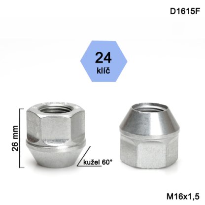 Kolová matice M16x1,5 kužel, otevřená, klíč 24 (D1615F)(DE24/S) výška 26mm